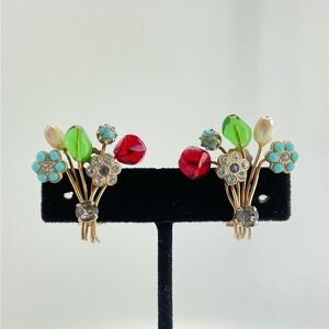 Vintage Flower Bouquet Clip OnEarrings: Glass, Rhinestones & Faux Pearl, MCM